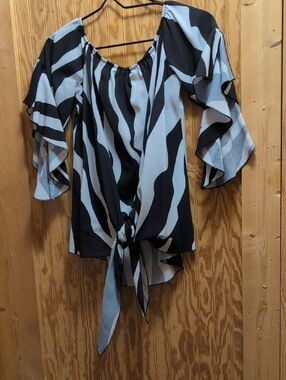Womens Black & Light Blue Zebra-Print Tie-Front Top